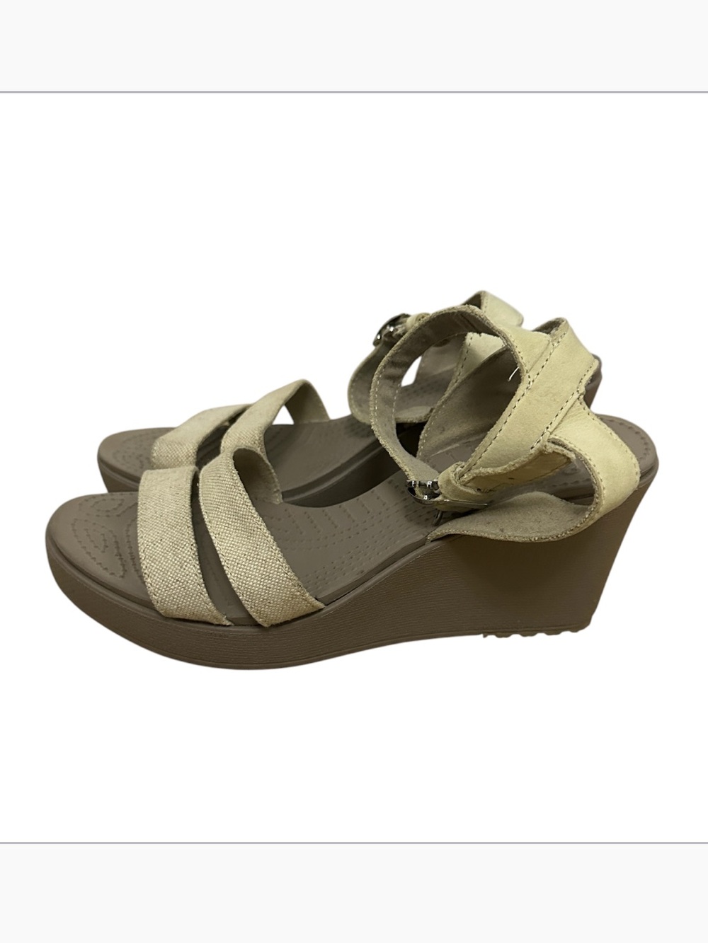 Crocs Leigh Two Strap Canvas Leather Ankle Strap Wedge Sandals Size 8 Khaki